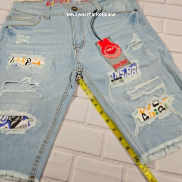 Mens  Blue Denim Distressed 5 Pockets Frayed Hem shorts Royal Spirit Short - Picture 8 of 9